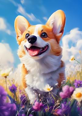 Smiling Welsh Corgi in Flowers
