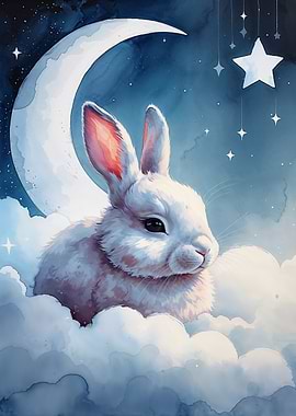 Sleepy White Rabbit on Clouds Watercolor