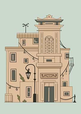 Tan Building with String Lights