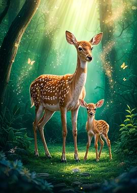 Fawn and Doe in Forest