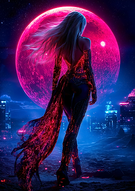 Cyberpunk Woman Under Red Moon