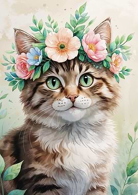 Cute Cat with Flower Crown Watercolor