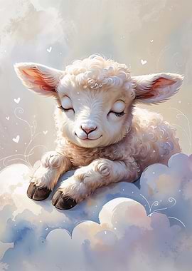 Sleeping Lamb on Clouds Watercolor
