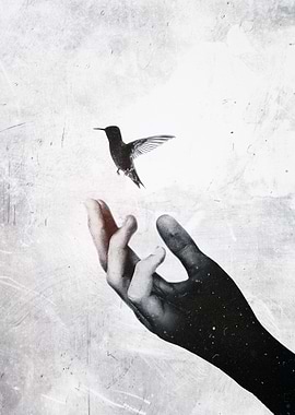 Touch of Freedom, Wings of Shadows: A Monochrome Surreal Cosmic Artwork