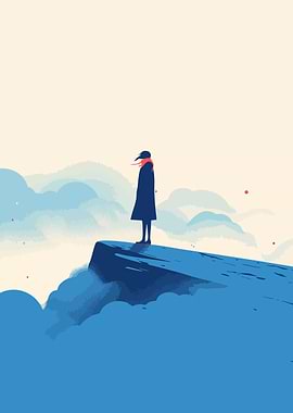 Red Scarf Woman Cliff Edge Minimalist Art
