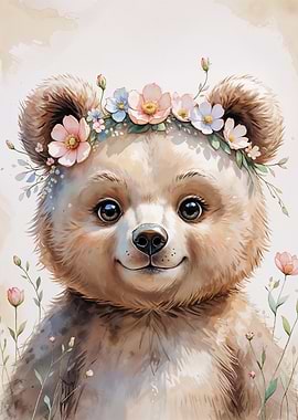 Cute Bear with Flowers Watercolor