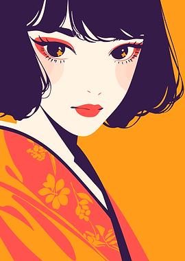 Anime Kimono Girl Eyes Minimalist Art