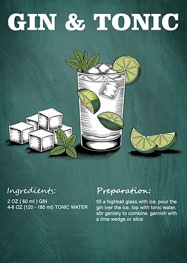Gin and Tonic Cocktail Poster, Recipe, Cocktail Print, Bar, Kitchen Art, Cocktail Lover