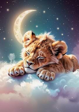 Sleeping Lion Cub on Clouds