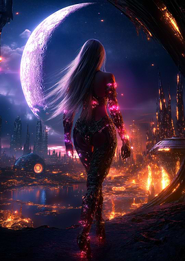 Cyberpunk Woman in a Burning City