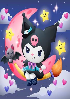 Kuromi Witch on Crescent Moon