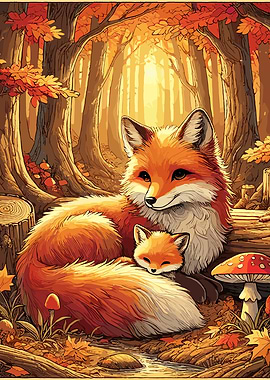 Fox Family in Autumn Forest
