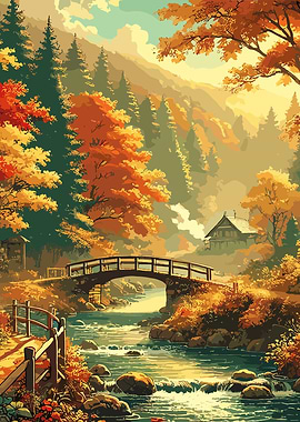 Autumn Forest River Bridge
