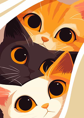 Three Cats Peeking Cute Animal Minimalist Art