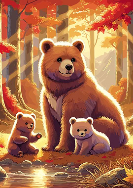 Bear Family in Autumn Forest