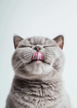 British Shorthair Grey Cat Licking