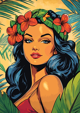 1950s Woman in Hawaii Minimalist Illustration Art