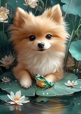 Pomeranian and Frog Animal