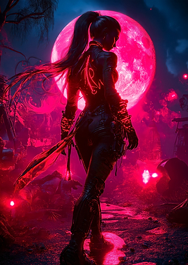 Cyberpunk Warrior Under Red Moon