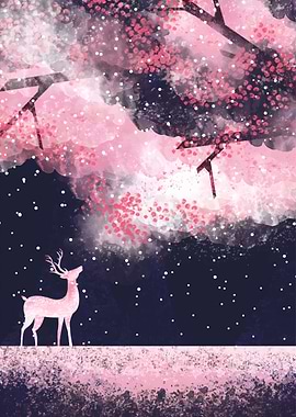 Pink Deer Under Cherry Blossoms