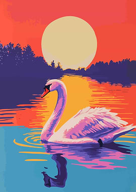 Swan Sunset Lake Minimalist Art
