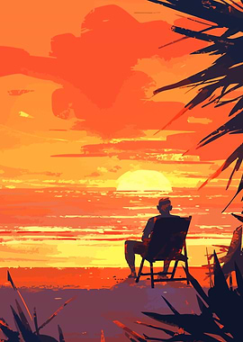 Lone Man Watches Sunset Minimalist Art