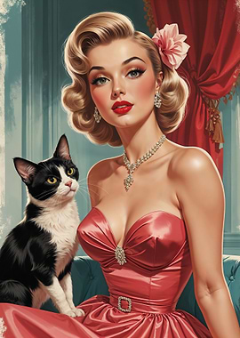 Glamorous Blonde Pin-up with Cat