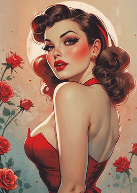 Brunette Pin-up Red Roses