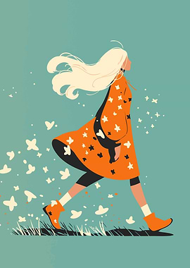 Girl Walks the Spring Field Minimalist Art