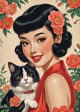 Asian Pin-Up with Cat and Red Flowers