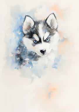 Husky Puppy Watercolor Painting