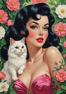 Brunette Pin-Up with Cute White Cat