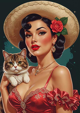 Mexican Pin-up with Cute Cat