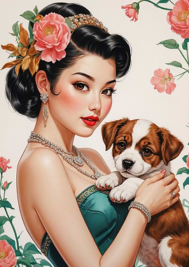 Elegant Asian Pin-Up with Puppy