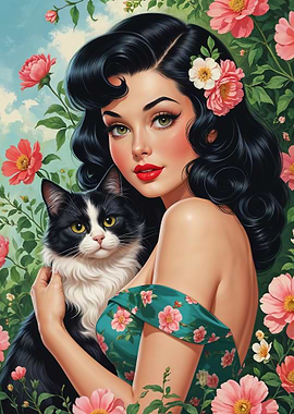 Brunette Pin-up with Cute Cat Floral