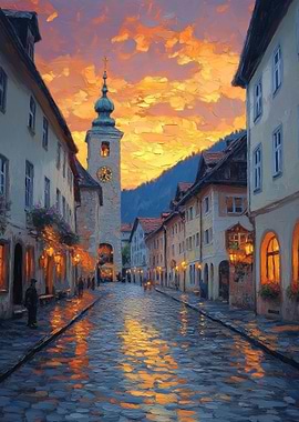 Cobblestone Street at Sunset