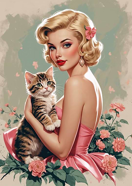Blonde Pin-up Girl with Cute Kitten