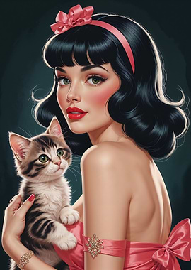 Brunette Pin-up with Cute Kitten
