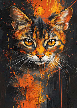 Cat Portrait with Orange Splashes