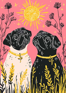 Two Cute Pugs Minimalist Illustration Art