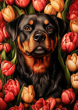 Rottweiler with Tulips