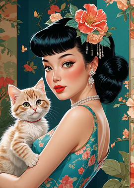 Asian Pin-Up with Cute Kitten