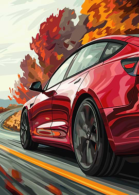Red Tesla on Winding Road