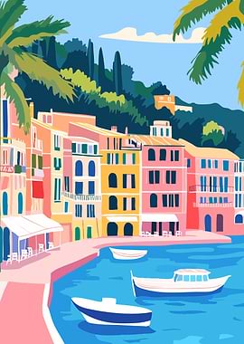 Pastel Europe Harbor Town Minimalist Art