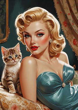 Blonde Pinup with Cute Kitten