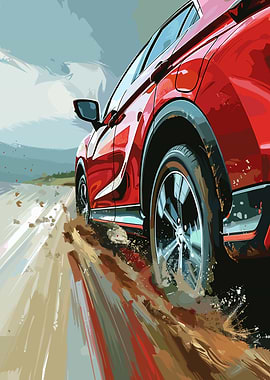 Red SUV on Dirt Road