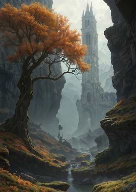 Ruined Tower in a Misty Valley