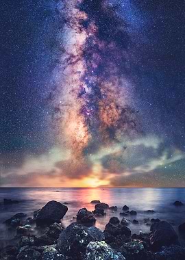 Iridescent Cosmos Over Tranquil Shore | Milky Way Night Sky Print
