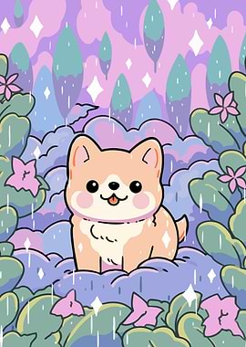 Cute Shiba Inu Fantasy Forest Rain Anime Minimalist Art