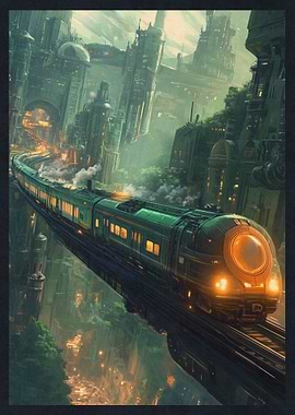 Steampunk Train in Cityscape